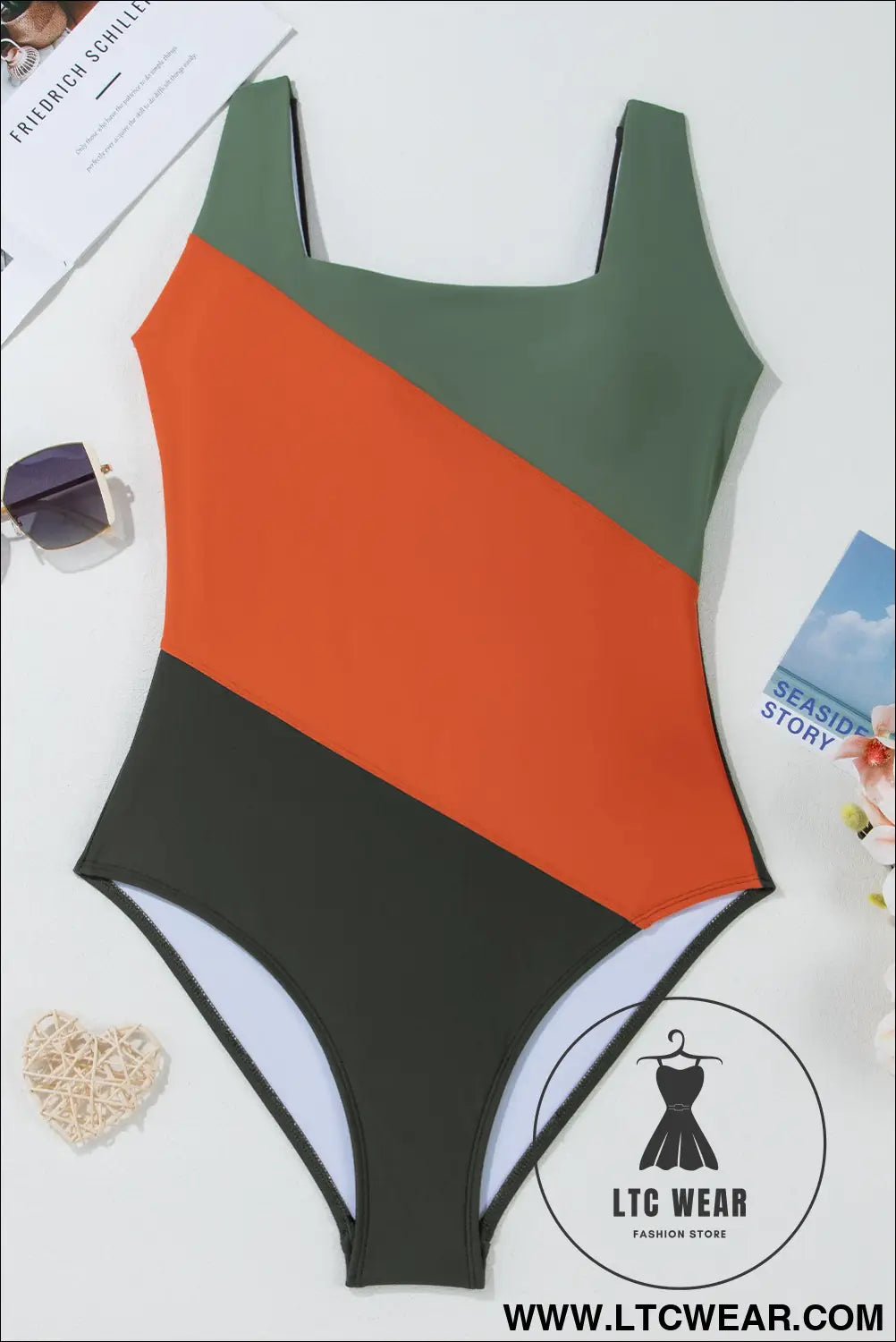 Duffel Green Color Block Padded Square Neck One Piece Swimsuit - L.T.C Wear Online Fashion Store