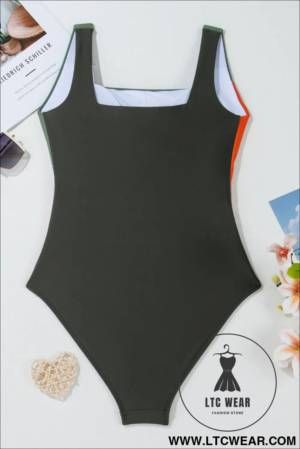 Duffel Green Color Block Padded Square Neck One Piece Swimsuit - L.T.C Wear Online Fashion Store