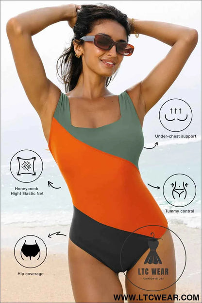 Duffel Green Color Block Padded Square Neck One Piece Swimsuit
