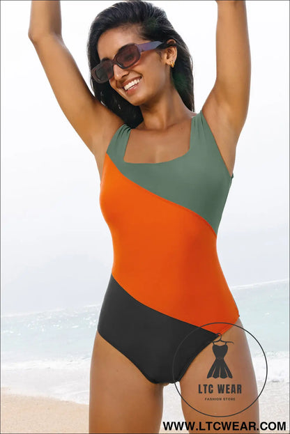 Duffel Green Color Block Padded Square Neck One Piece Swimsuit - L.T.C Wear Online Fashion Store