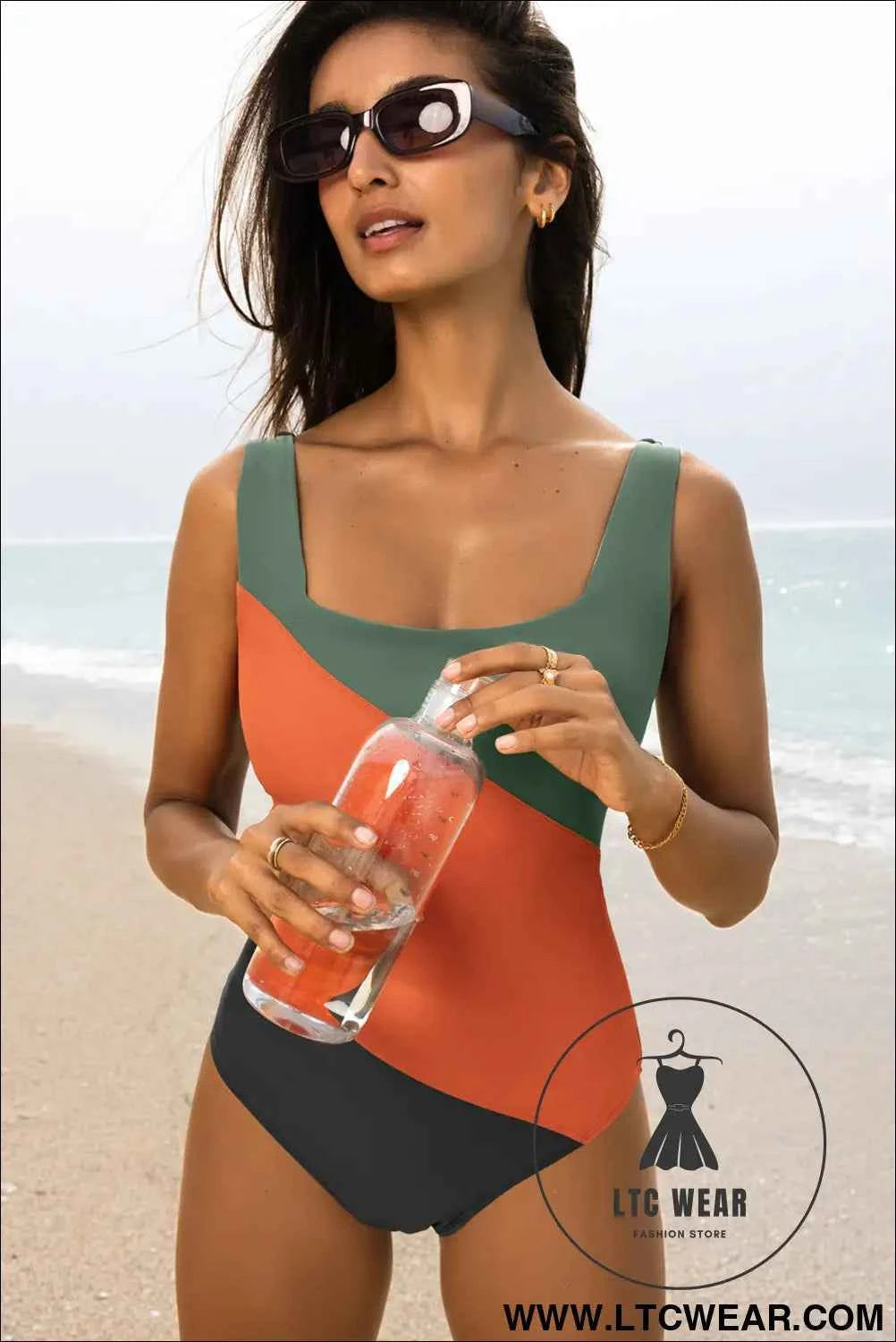 Duffel Green Color Block Padded Square Neck One Piece Swimsuit