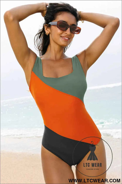 Duffel Green Color Block Padded Square Neck One Piece Swimsuit