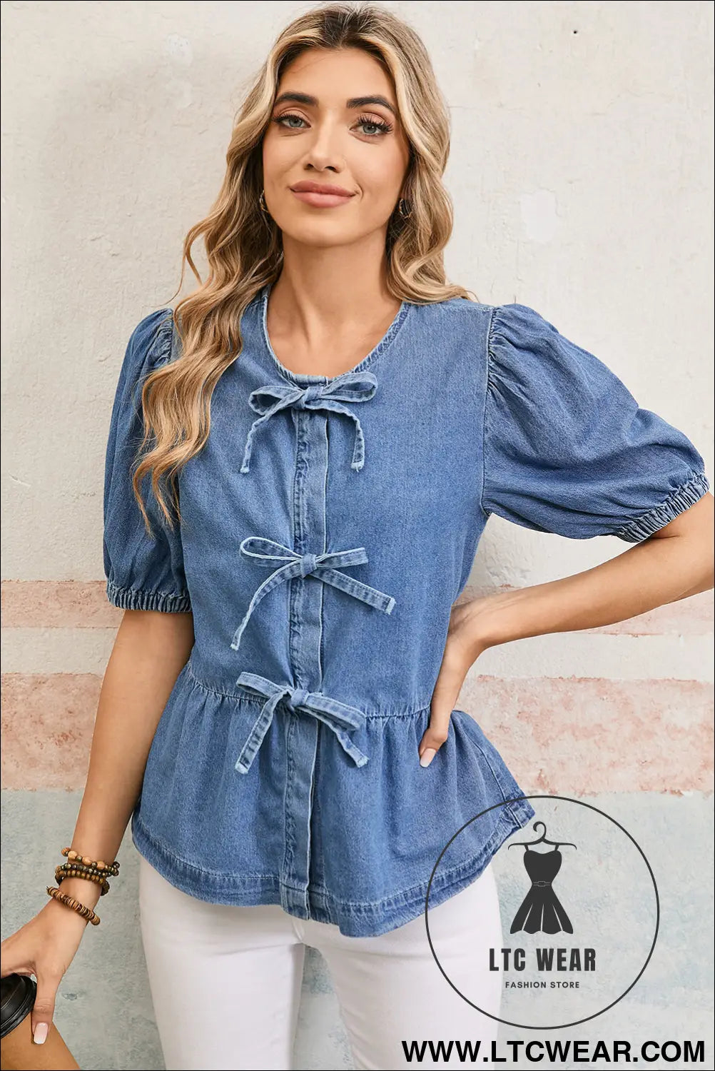 Dusk blue bow tie front bubble sleeve peplum denim shirt - blouses & shirts