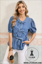 Dusk blue bow tie front bubble sleeve peplum denim shirt - blouses & shirts