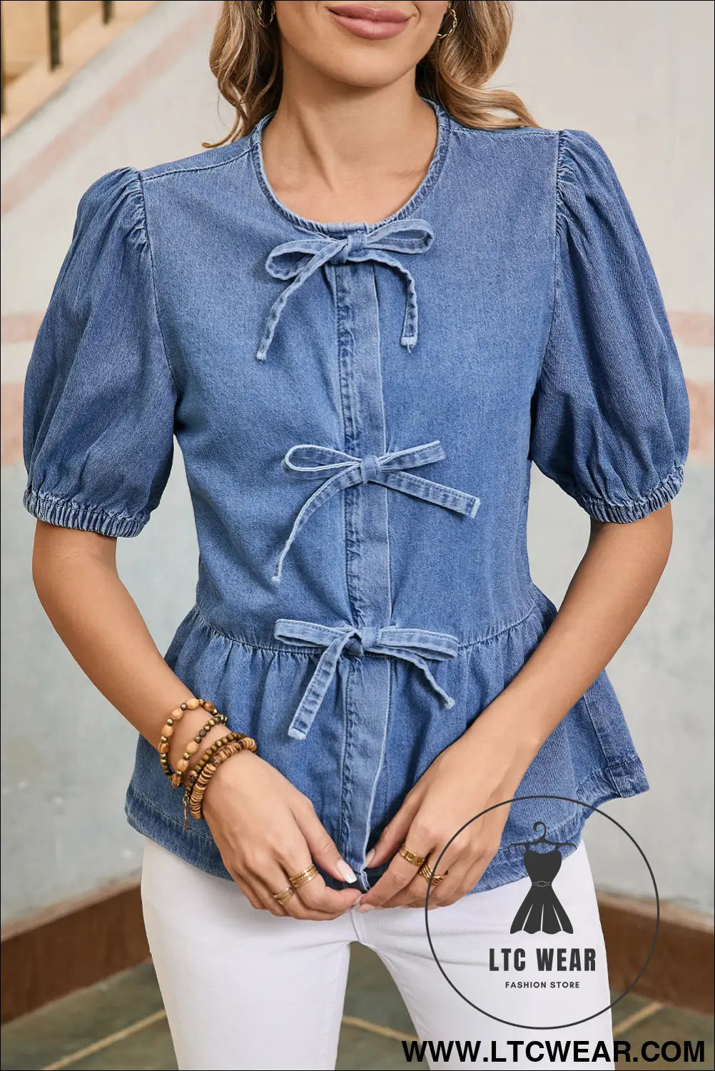 Dusk blue bow tie front bubble sleeve peplum denim shirt - blouses & shirts
