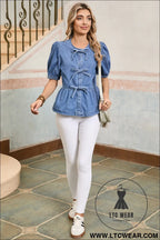 Dusk blue bow tie front bubble sleeve peplum denim shirt - blouses & shirts