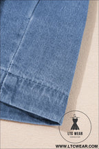 Dusk blue bow tie front bubble sleeve peplum denim shirt - blouses & shirts