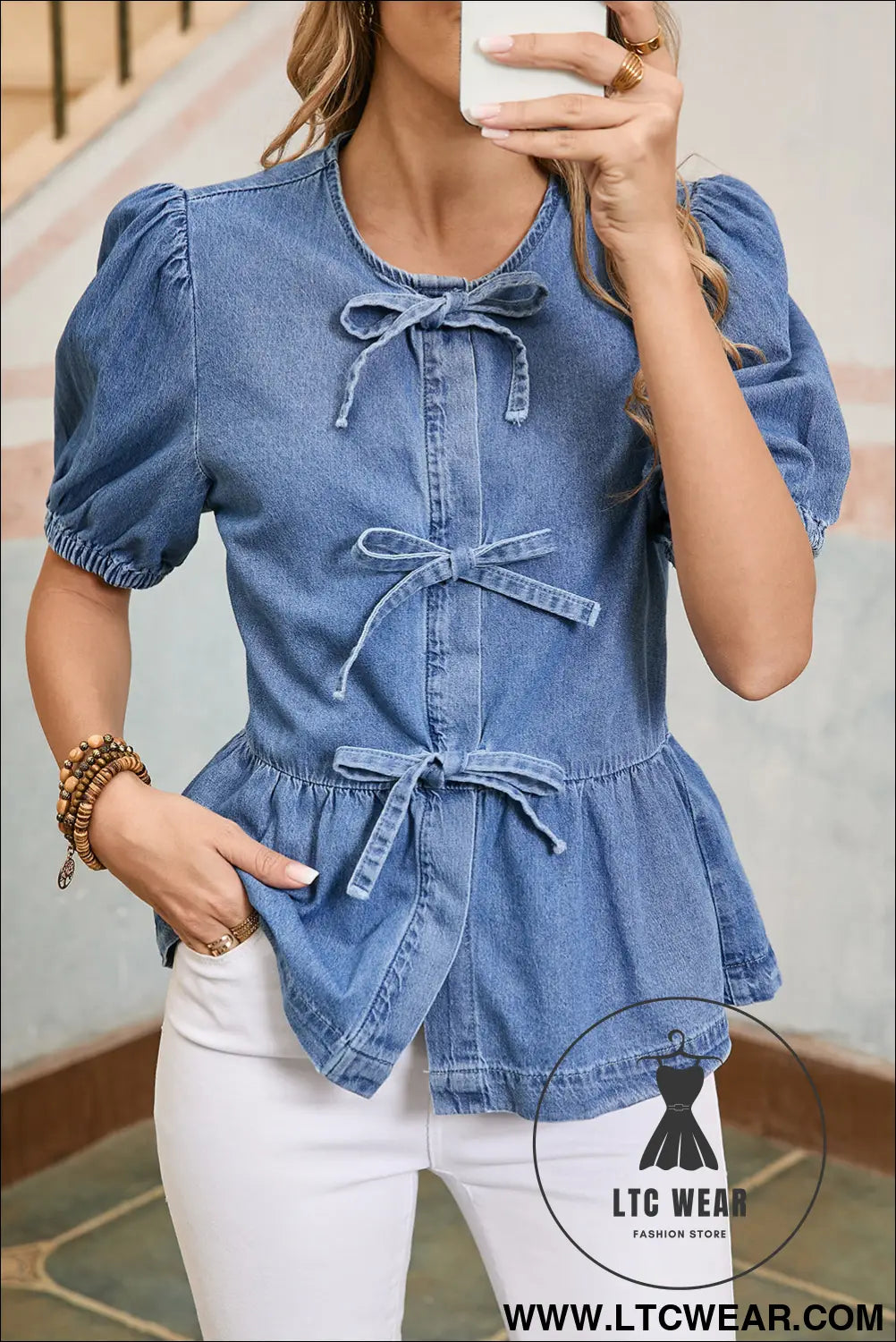 Dusk blue bow tie front bubble sleeve peplum denim shirt - dusk blue / l / 100% cotton - blouses & shirts