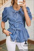 Dusk blue bow tie front bubble sleeve peplum denim shirt - dusk blue / l / 100% cotton - blouses & shirts