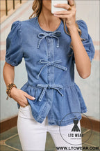 Dusk blue bow tie front bubble sleeve peplum denim shirt - dusk blue / l / 100% cotton - blouses & shirts