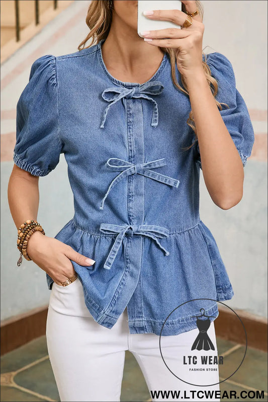 Dusk blue bow tie front bubble sleeve peplum denim shirt - dusk blue / l / 100% cotton - blouses & shirts