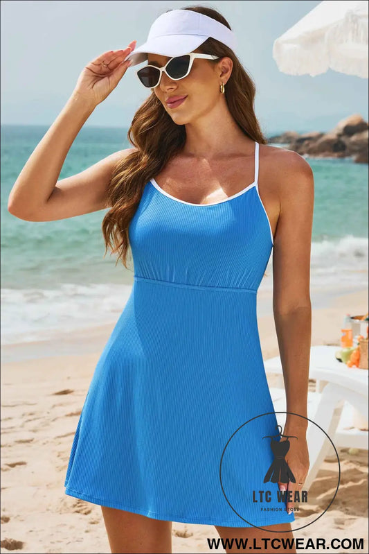 Dusk Blue Color Block Edge Ribbed Pocketed Lined Swim Dress