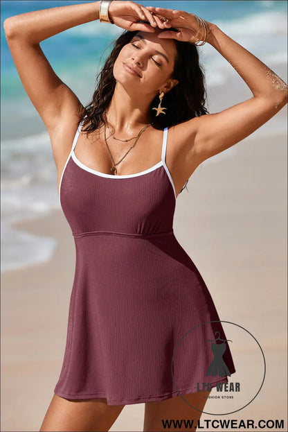 Dusk Blue Color Block Edge Ribbed Pocketed Lined Swim Dress - L.T.C Wear Online Fashion Store