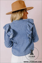Dusk blue denim button front ruffle decor long sleeve blouse - 20%