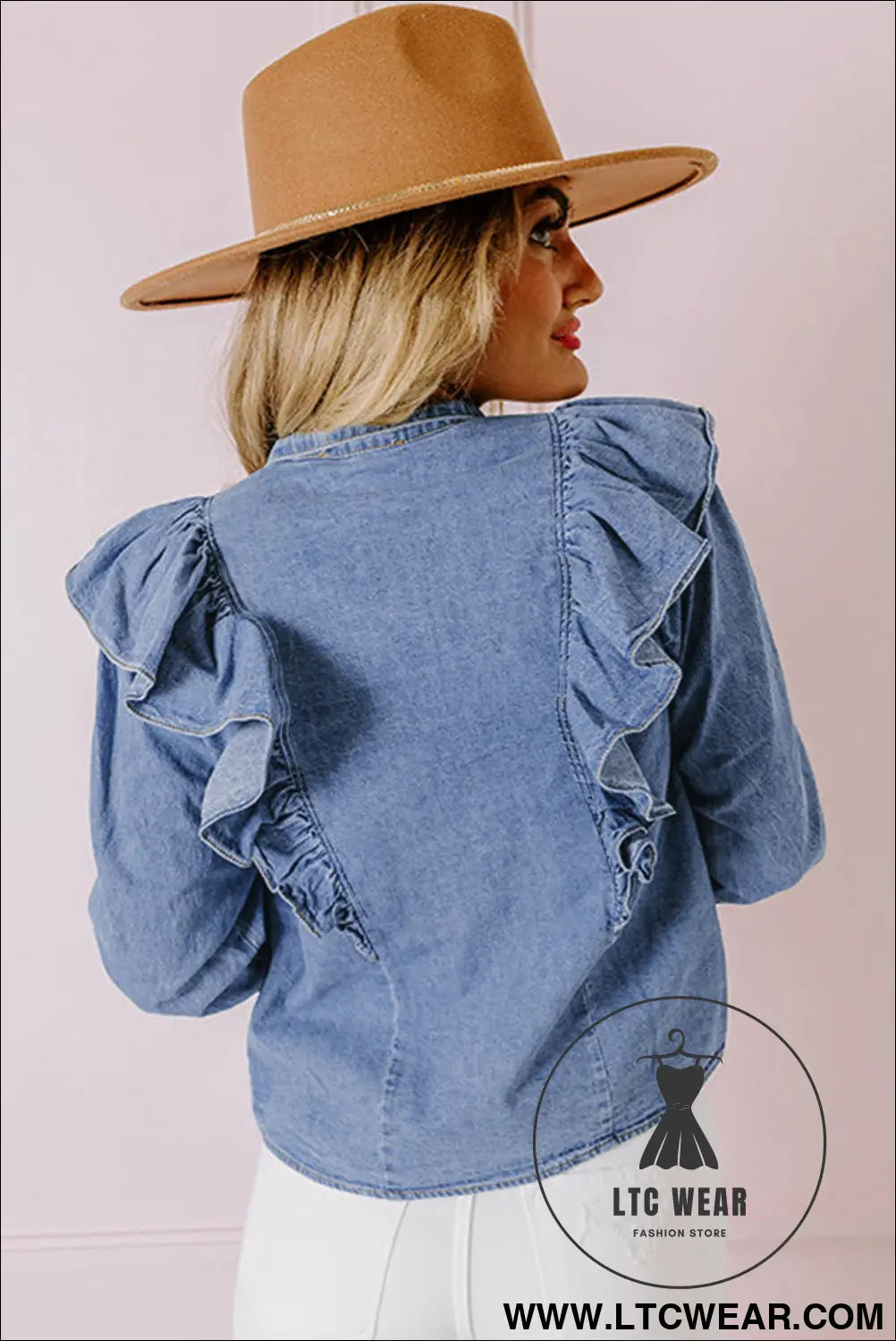 Dusk blue denim button front ruffle decor long sleeve blouse - 20%