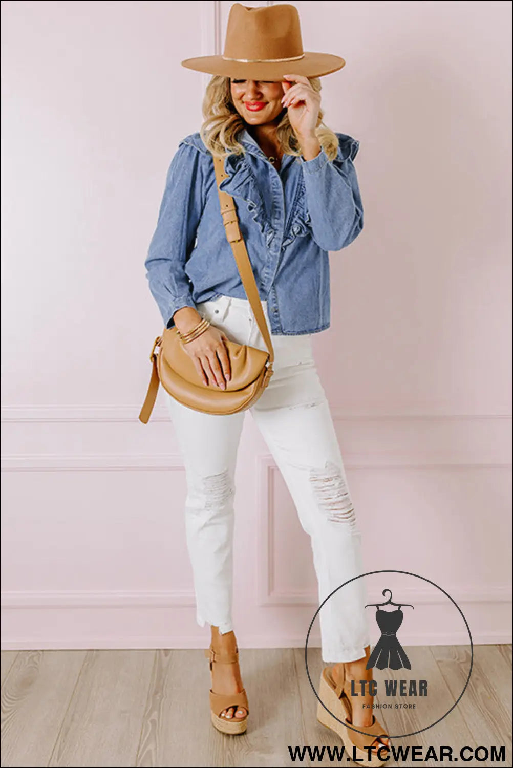 Dusk blue denim button front ruffle decor long sleeve blouse - 20%