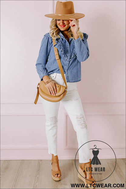 Dusk blue denim button front ruffle decor long sleeve blouse - 20%