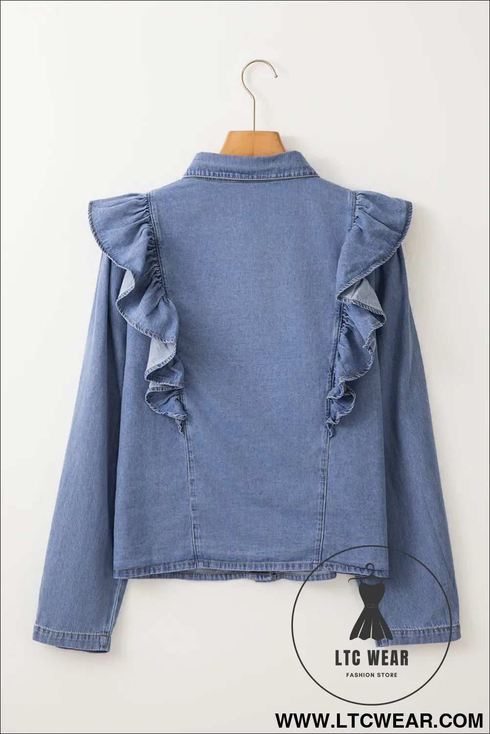 Dusk blue denim button front ruffle decor long sleeve blouse - 20%