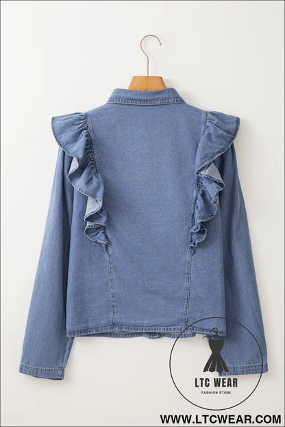 Dusk blue denim button front ruffle decor long sleeve blouse - 20%
