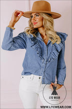 Dusk blue denim button front ruffle decor long sleeve blouse - 20%