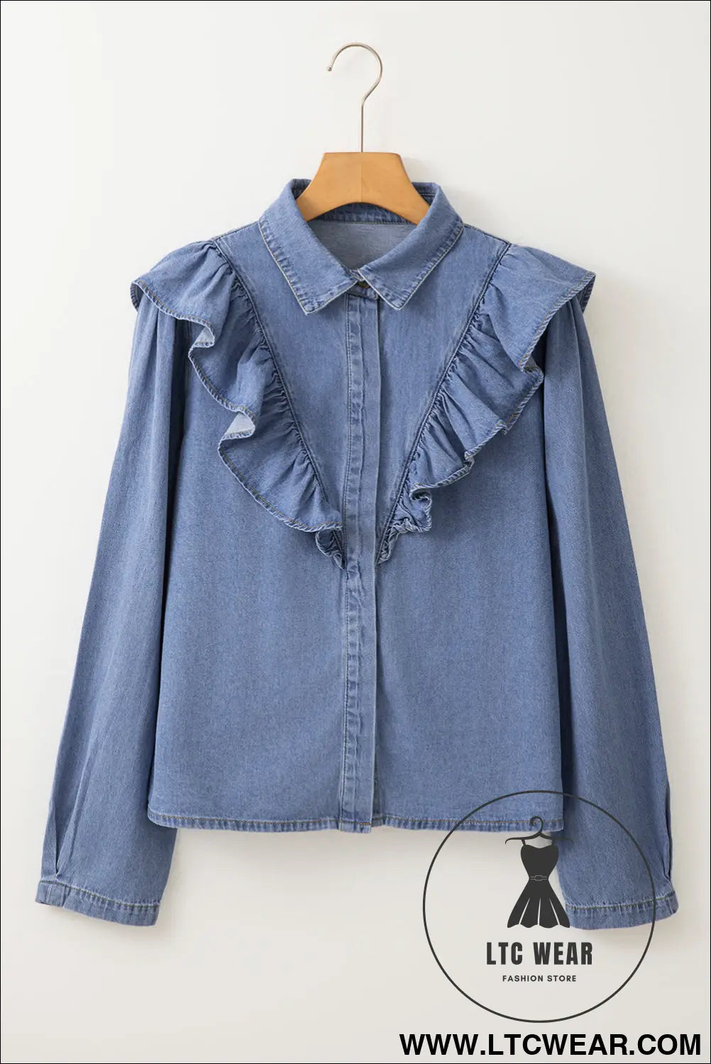 Dusk blue denim button front ruffle decor long sleeve blouse - 20%