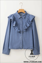 Dusk blue denim button front ruffle decor long sleeve blouse - 20%