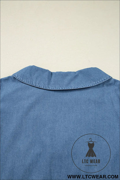 Dusk blue denim lapel neck balloon sleeve tied peplum top - blouses & shirts