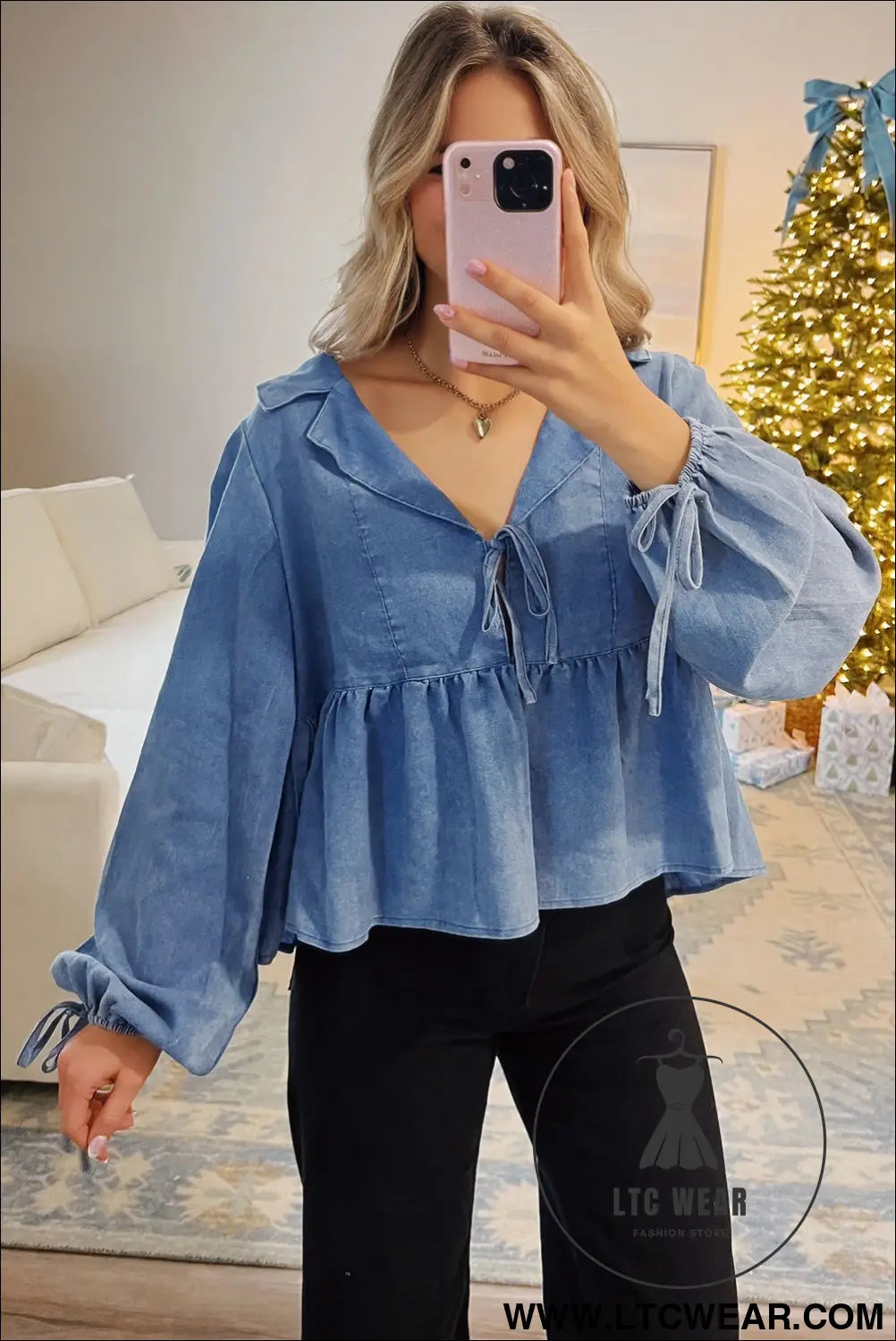 Dusk blue denim lapel neck balloon sleeve tied peplum top - blouses & shirts