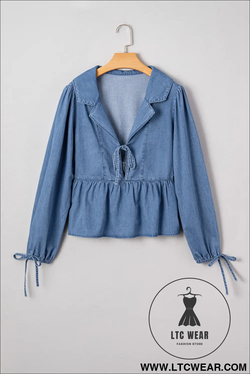 Dusk blue denim lapel neck balloon sleeve tied peplum top - blouses & shirts