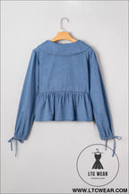Dusk blue denim lapel neck balloon sleeve tied peplum top - blouses & shirts