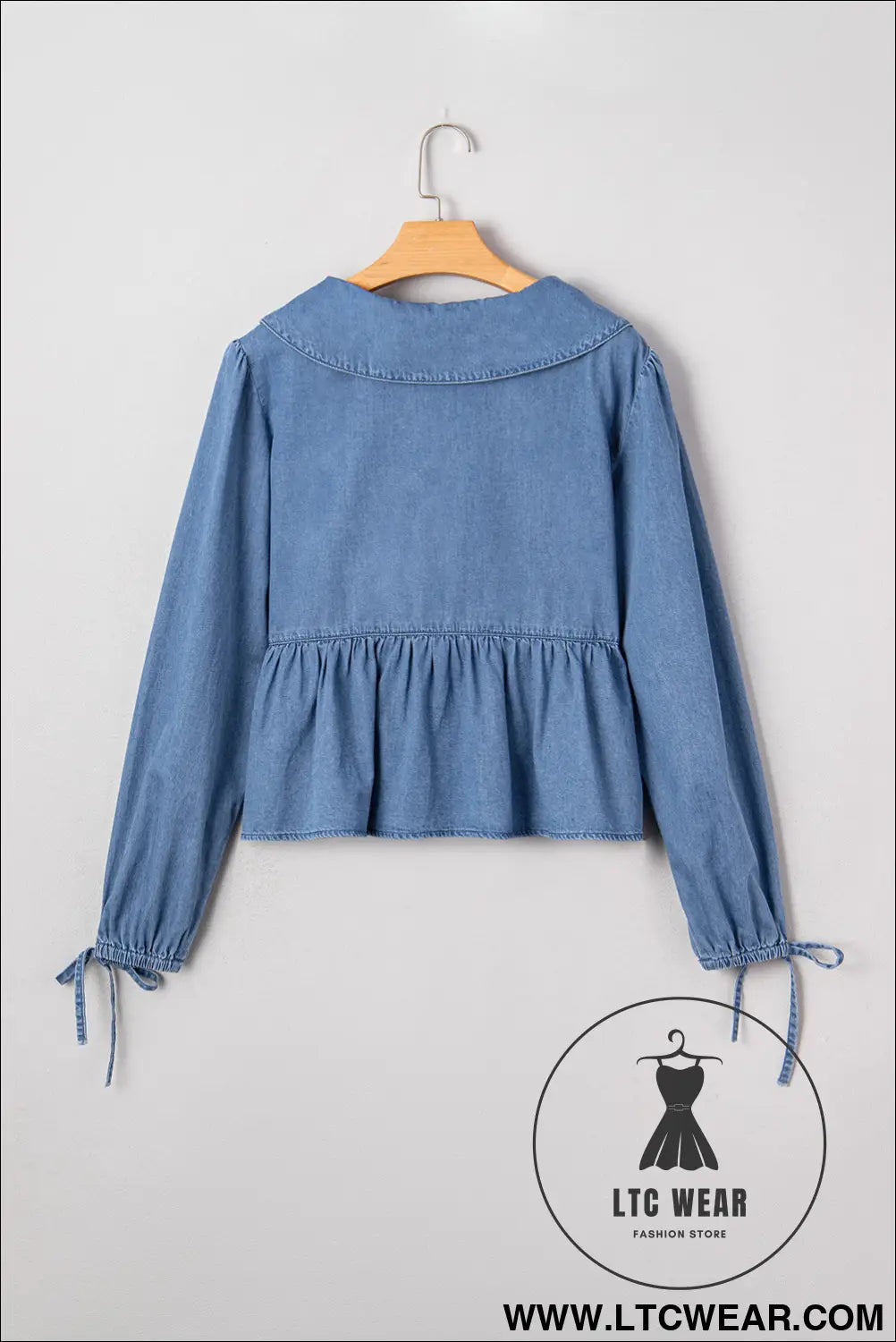 Dusk blue denim lapel neck balloon sleeve tied peplum top - blouses & shirts