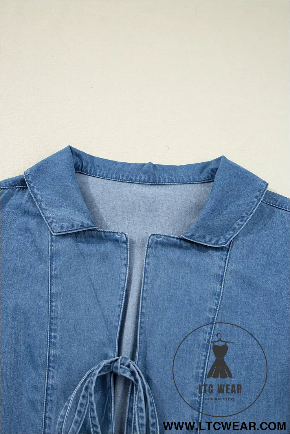 Dusk blue denim lapel neck balloon sleeve tied peplum top - blouses & shirts
