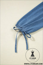 Dusk blue denim lapel neck balloon sleeve tied peplum top - blouses & shirts