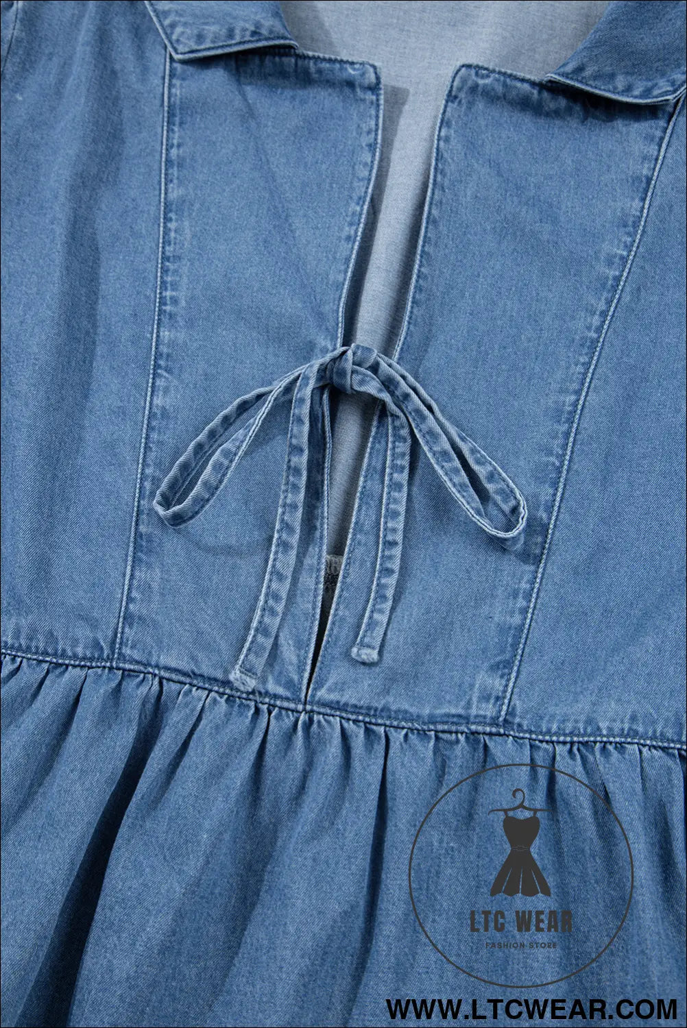 Dusk blue denim lapel neck balloon sleeve tied peplum top - blouses & shirts