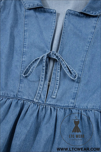 Dusk blue denim lapel neck balloon sleeve tied peplum top - blouses & shirts
