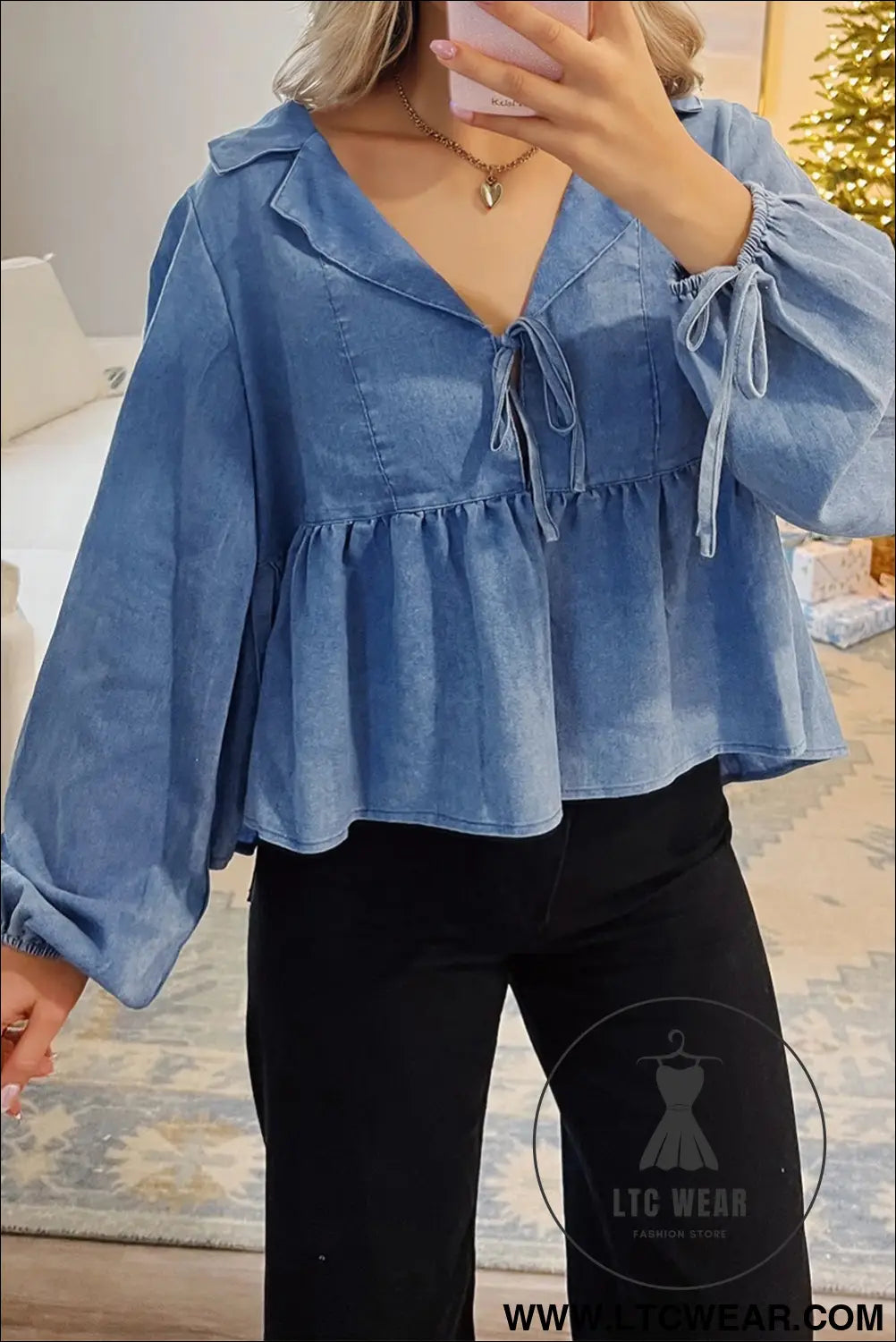 Dusk blue denim lapel neck balloon sleeve tied peplum top - dusk blue / l / 100% cotton - blouses & shirts