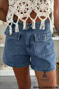 Dusk blue flap pockets denim shorts - dusk blue / 10 / 75% cotton + 23% polyester + 2% elastane - denim shorts