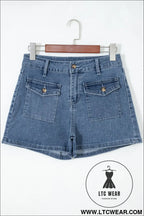 Dusk blue flap pockets denim shorts - denim shorts