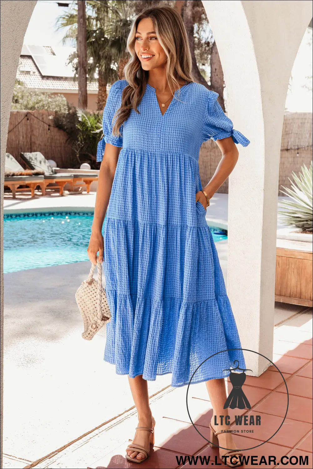 Dusk blue gingham textured bow tie short sleeve tiered midi dress - midi dresses