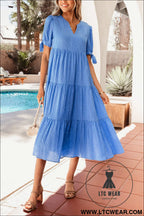 Dusk blue gingham textured bow tie short sleeve tiered midi dress - midi dresses