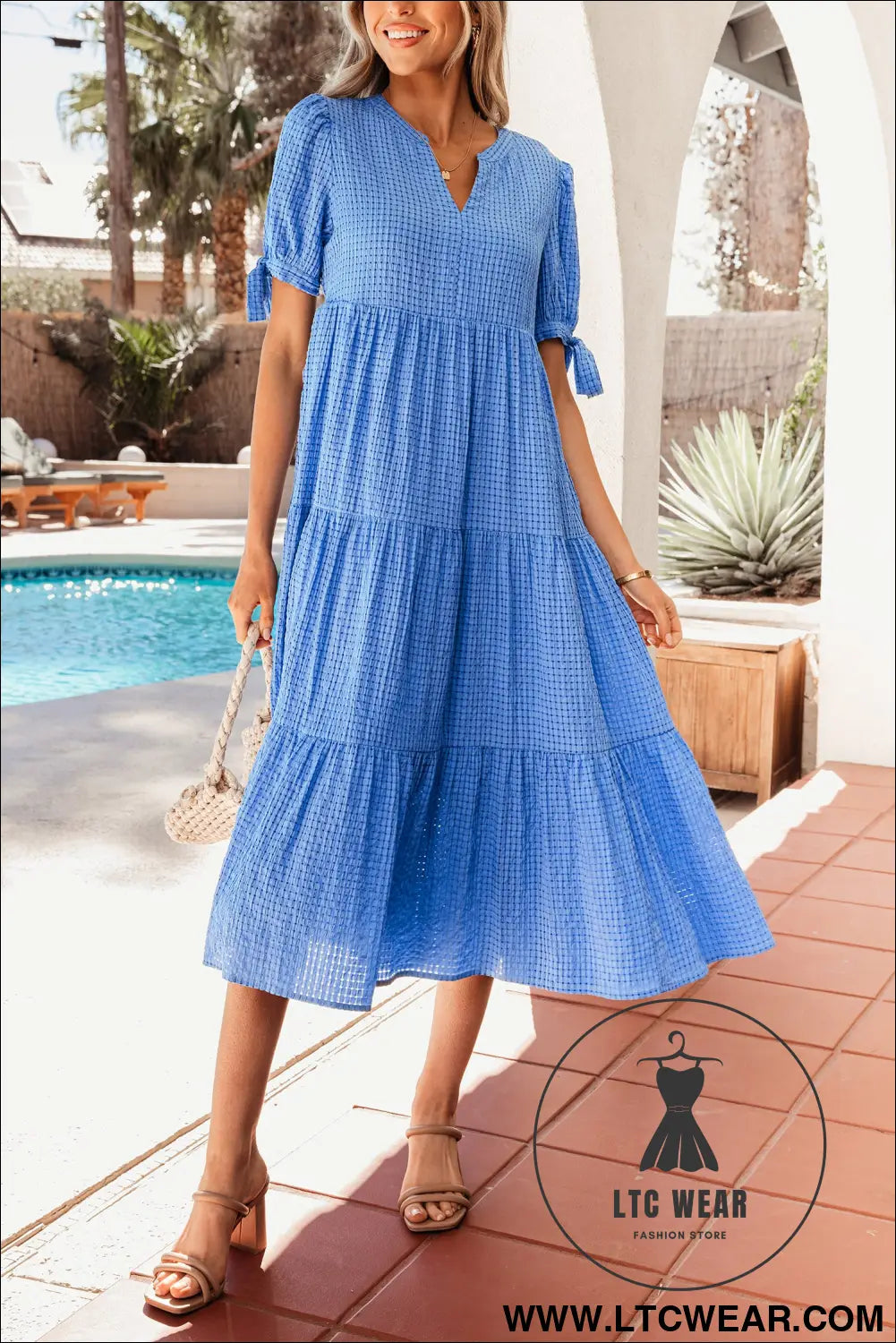 Dusk blue gingham textured bow tie short sleeve tiered midi dress - midi dresses