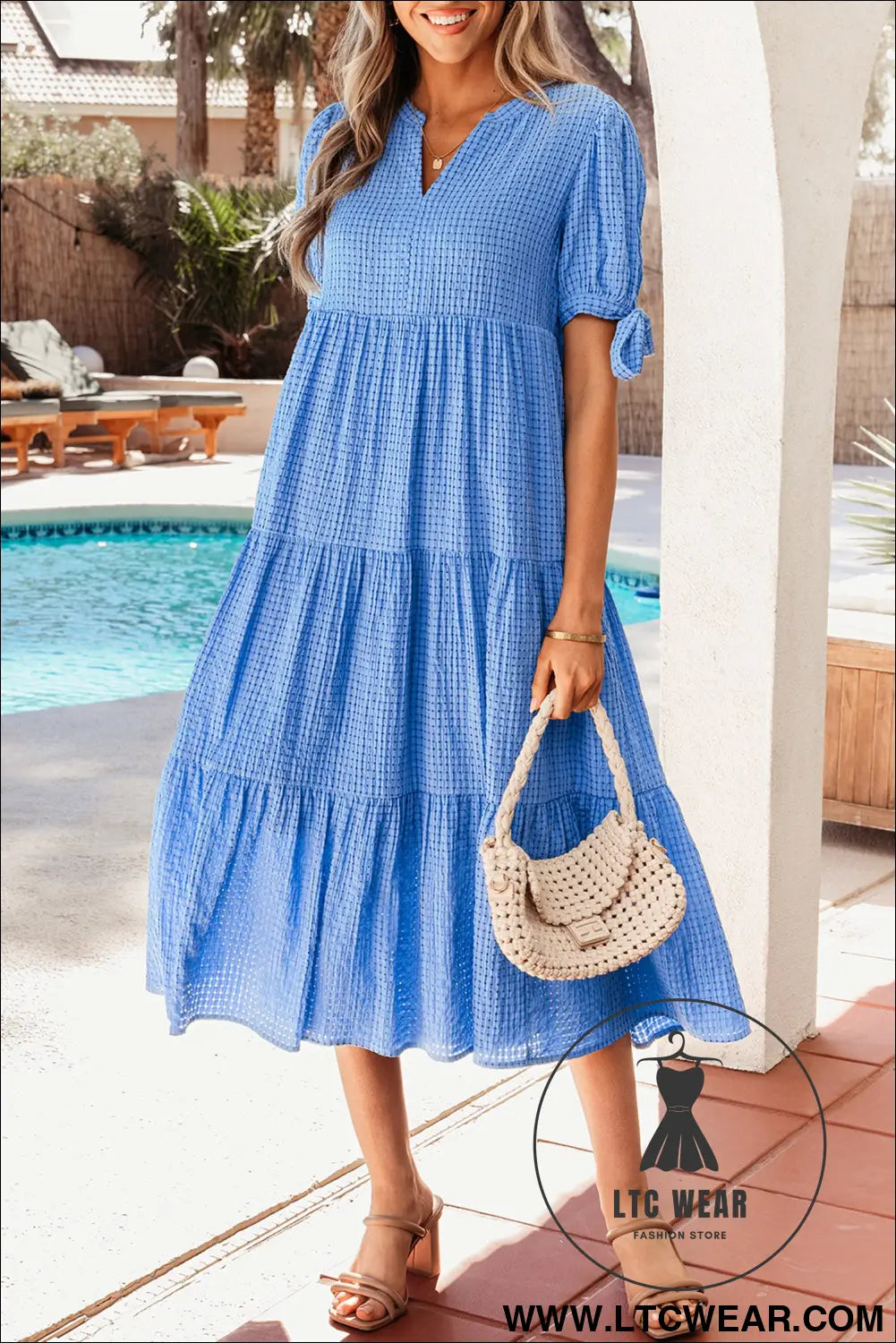 Dusk blue gingham textured bow tie short sleeve tiered midi dress - midi dresses