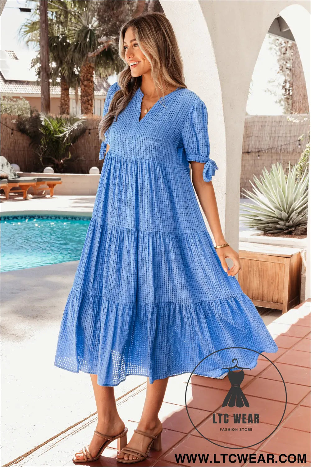 Dusk blue gingham textured bow tie short sleeve tiered midi dress - midi dresses