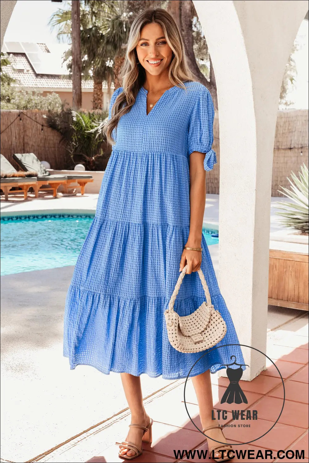 Dusk blue gingham textured bow tie short sleeve tiered midi dress - dusk blue / l / 46% polyamide + 44% viscose + 10%