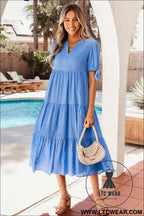 Dusk blue gingham textured bow tie short sleeve tiered midi dress - dusk blue / l / 46% polyamide + 44% viscose + 10%