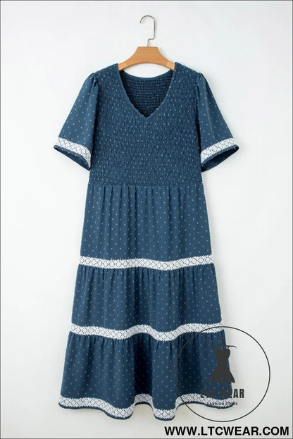 Dusk Blue Plus Size V Neck Swiss Dot Lace Patchwork Detail Flared Midi Dress - L.T.C Wear Online Fashion Store