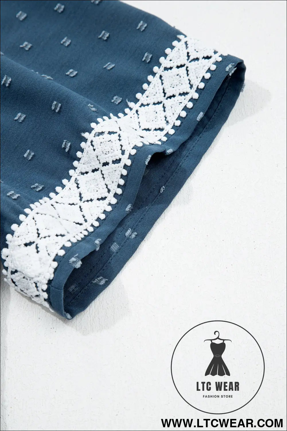 Dusk Blue Plus Size V Neck Swiss Dot Lace Patchwork Detail Flared Midi Dress - L.T.C Wear Online Fashion Store