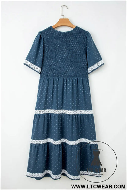 Dusk Blue Plus Size V Neck Swiss Dot Lace Patchwork Detail Flared Midi Dress - L.T.C Wear Online Fashion Store