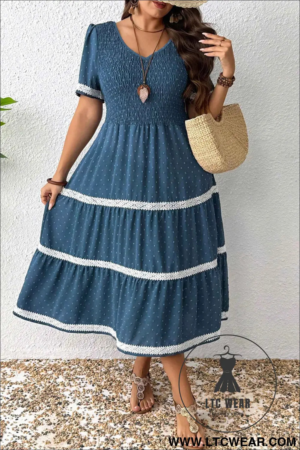 Dusk Blue Plus Size V Neck Swiss Dot Lace Patchwork Detail Flared Midi Dress