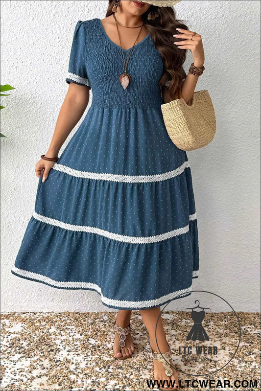 Dusk Blue Plus Size V Neck Swiss Dot Lace Patchwork Detail Flared Midi Dress